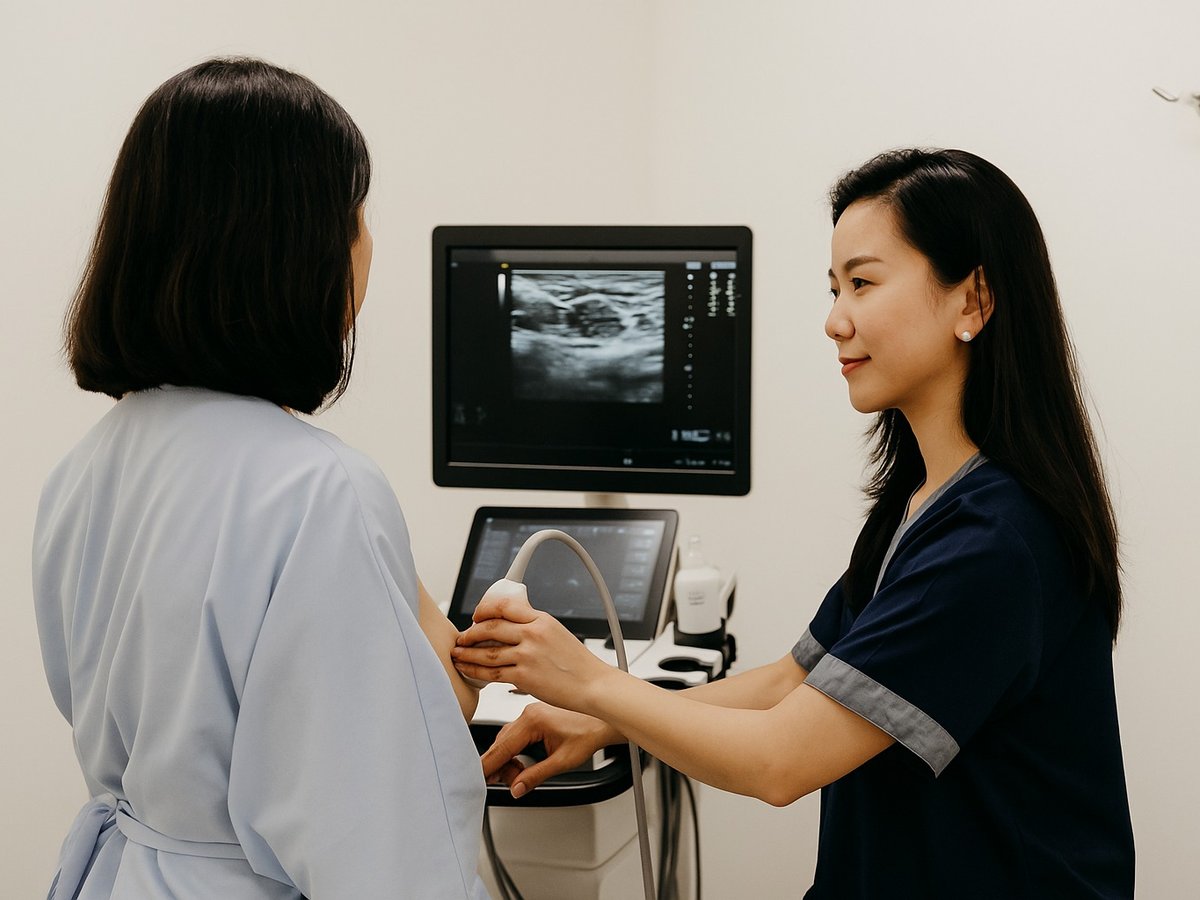 Ultrasound-guided assessment — the specialist examines the tissue under live imaging.